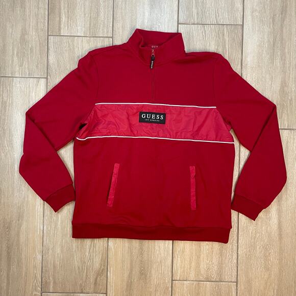 GUESS Los Angeles Red Quarter Zip Pullover Sweatshirt Mens Large Logo Colorblock - Picture 1 of 10